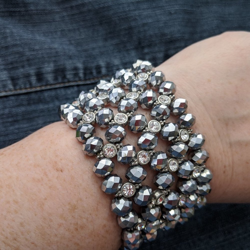 Silver Coated Crystal Beaded Stretch Bracelet